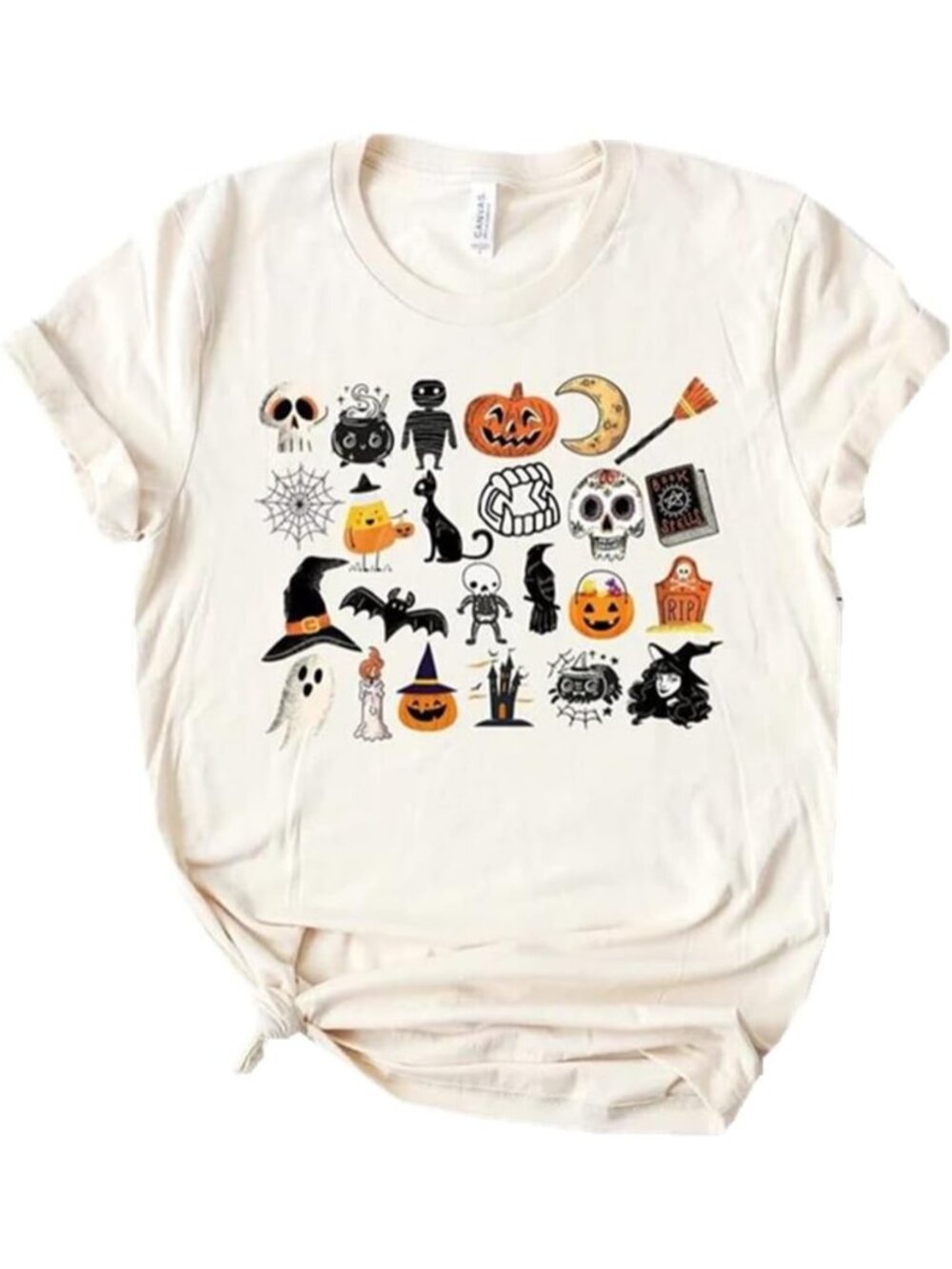 🆕 Women's Cream Halloween Icons Pumpkin Ghost Skeleton Witch Graphic Tee